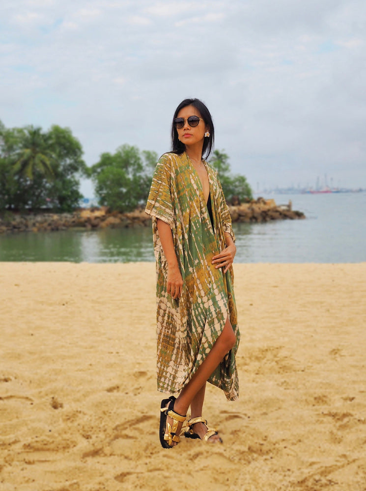 
                  
                    Yellowish green, green, kimono, tie dye, bali, missing bali, resort wear, beach, cover up, baebeeboo, social conscious 
                  
                