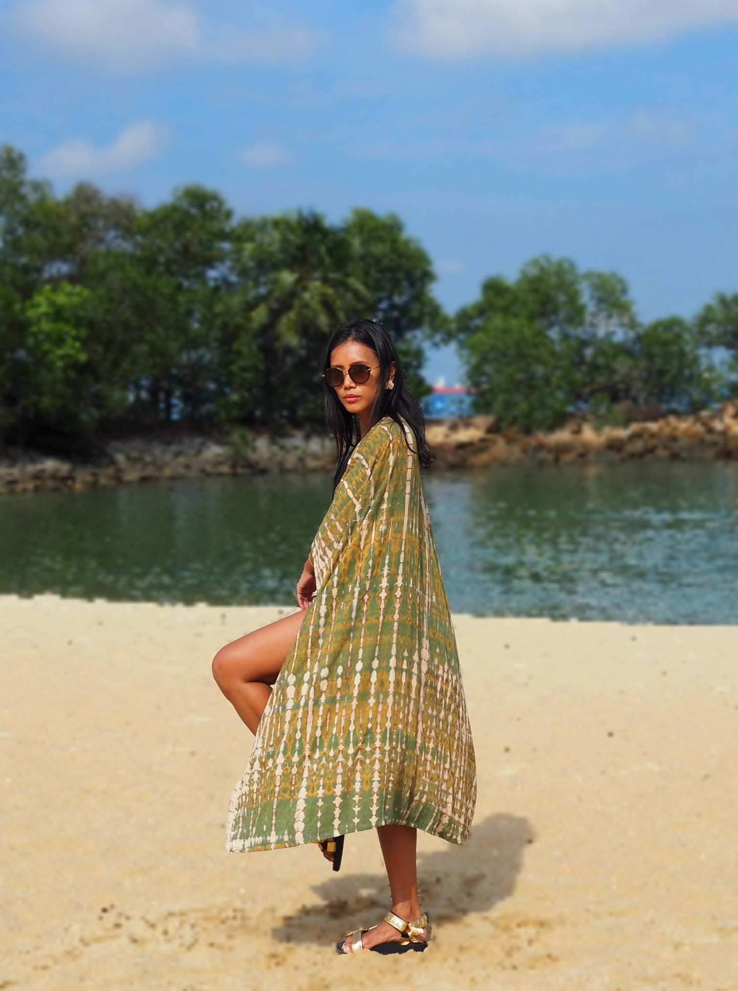 Yellowish green, green, kimono, tie dye, bali, missing bali, resort wear, beach, cover up, baebeeboo, social conscious 