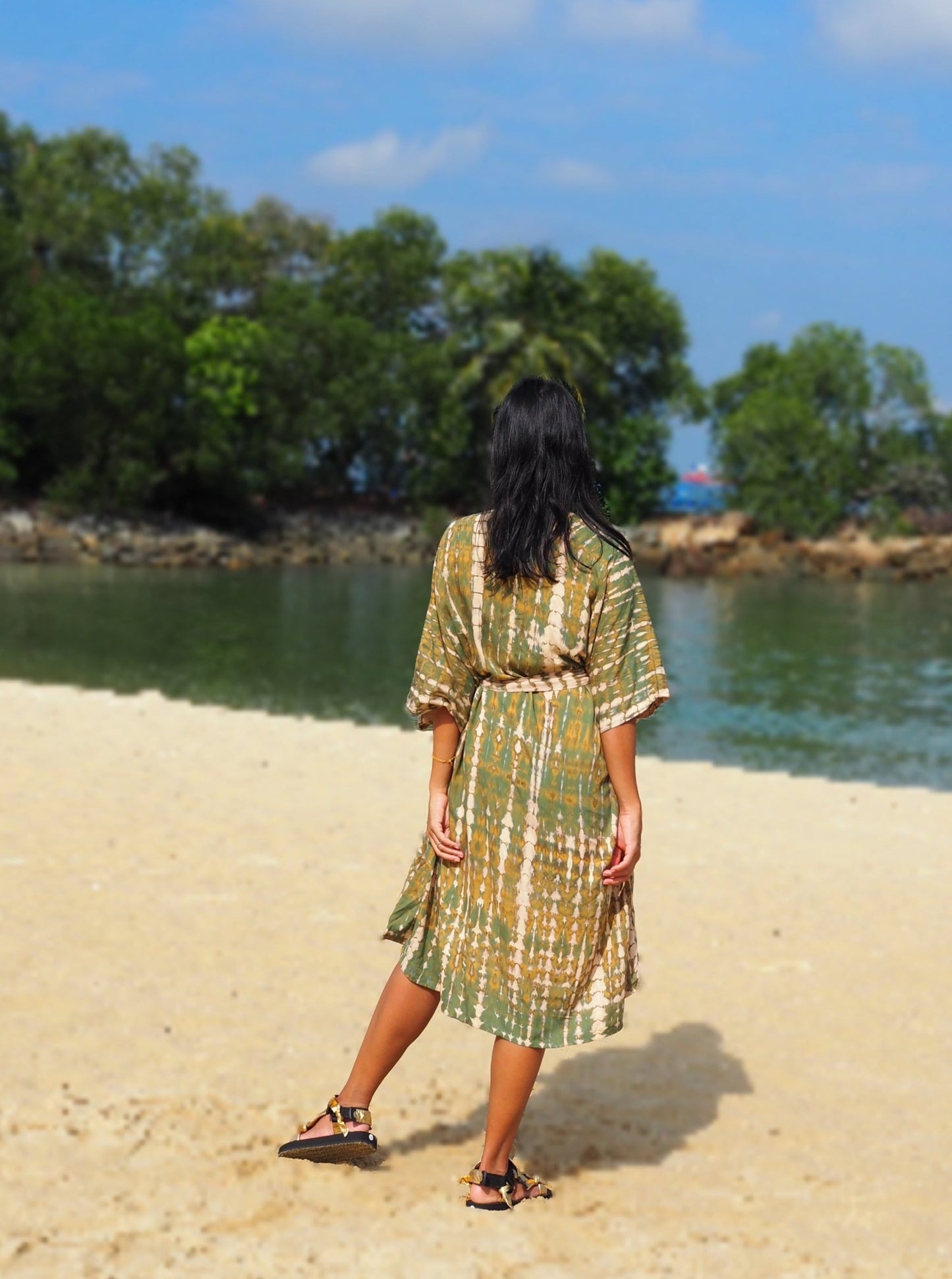 
                  
                    Yellowish green, green, kimono, tie dye, bali, missing bali, resort wear, beach, cover up, baebeeboo, social conscious 
                  
                