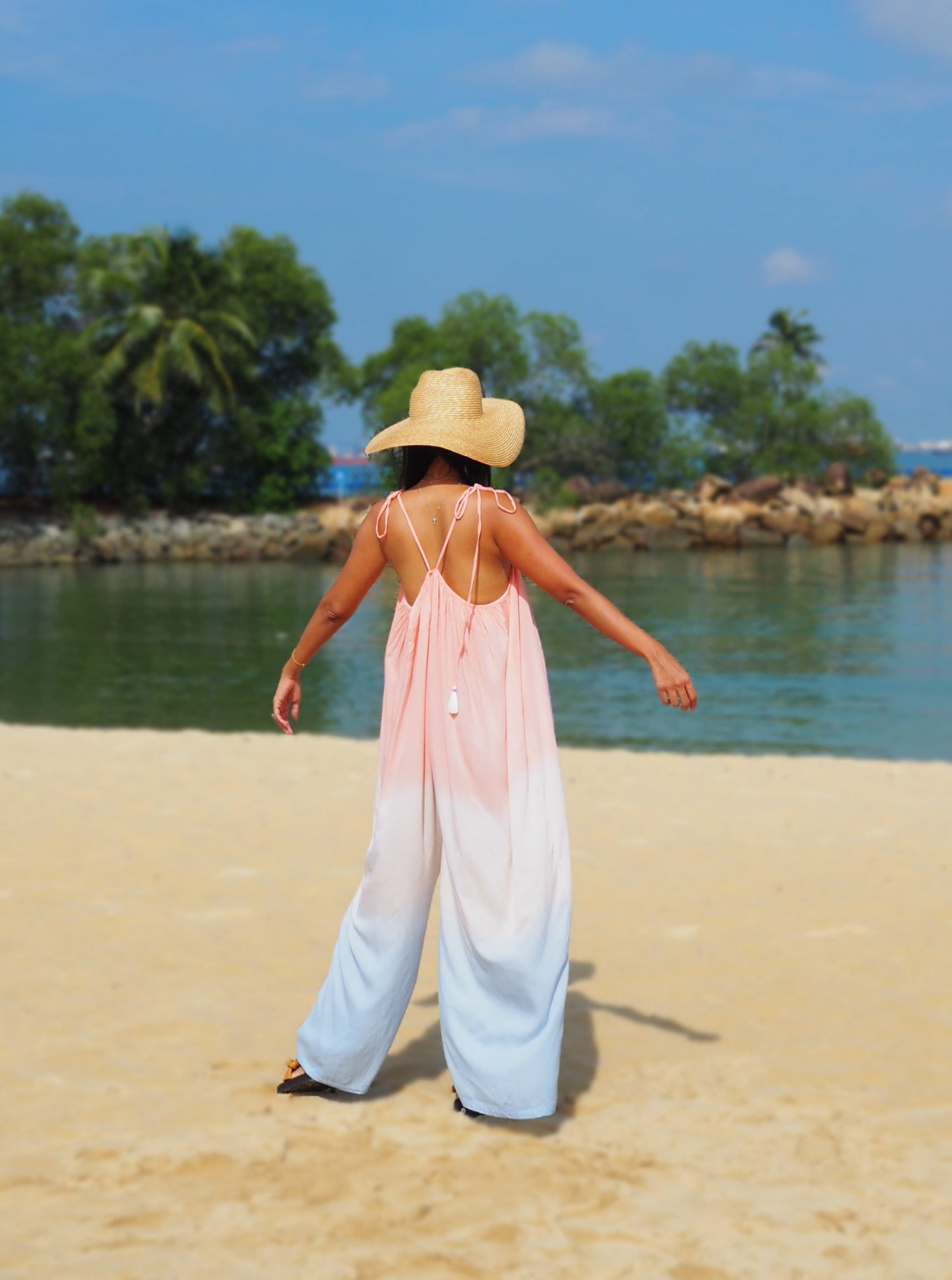 
                  
                    PAstel pink, blue, gradation, overalls, jumpsuit, resort wear, beach wear, social conscious, baebeeboo, tie dye, bali
                  
                