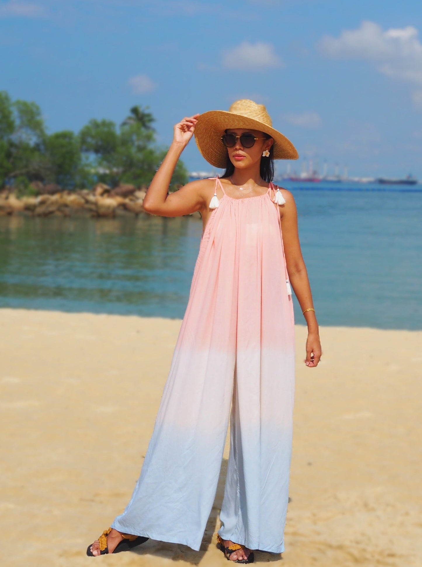 
                  
                    PAstel pink, blue, gradation, overalls, jumpsuit, resort wear, beach wear, social conscious, baebeeboo, tie dye, bali
                  
                