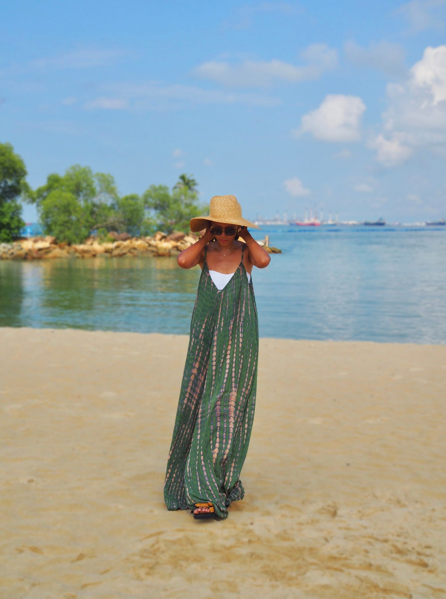 flores green jumpsuit, overalls, resort wear, beach wear, island living, baebeeboo, social conscious