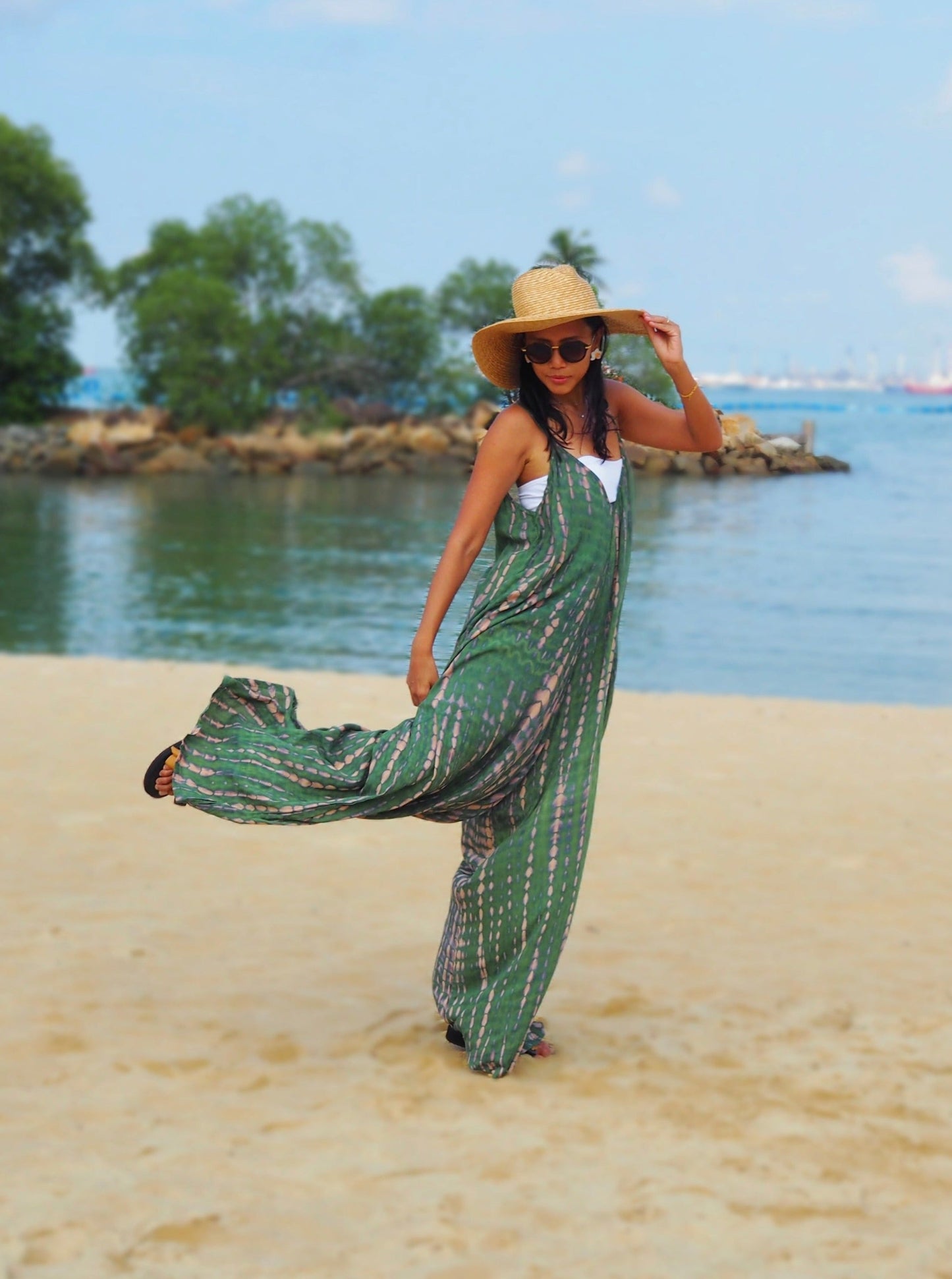 flores green jumpsuit, overalls, resort wear, beach wear, island living, baebeeboo, social conscious