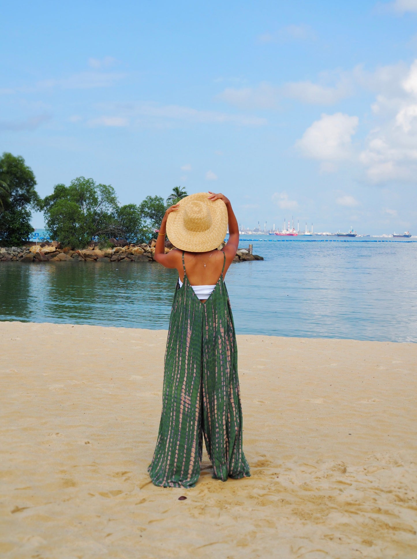 
                  
                    flores green jumpsuit, overalls, resort wear, beach wear, island living, baebeeboo, social conscious
                  
                
