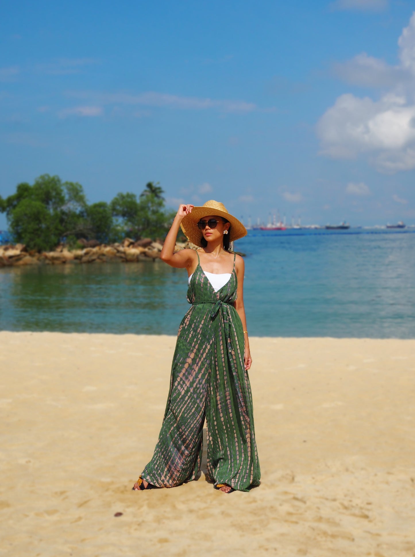 
                  
                    flores green jumpsuit, overalls, resort wear, beach wear, island living, baebeeboo, social conscious
                  
                