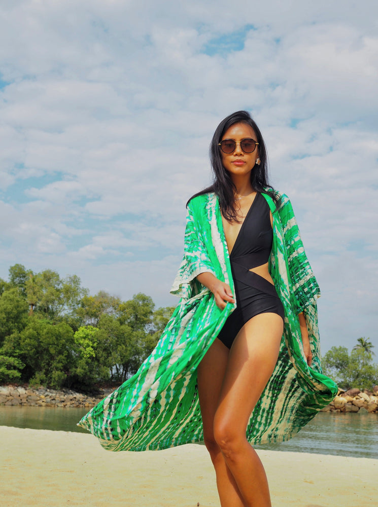 
                  
                    green kimono, resort wear, beach wear, bali, hand-dyed, tie-dye, baebeeboo, social conscious
                  
                