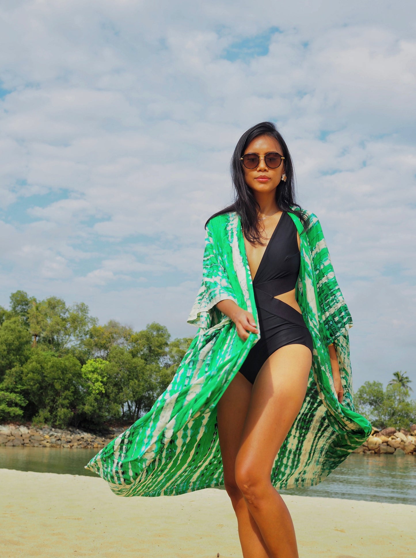 
                  
                    green kimono, resort wear, beach wear, bali, hand-dyed, tie-dye, baebeeboo, social conscious
                  
                
