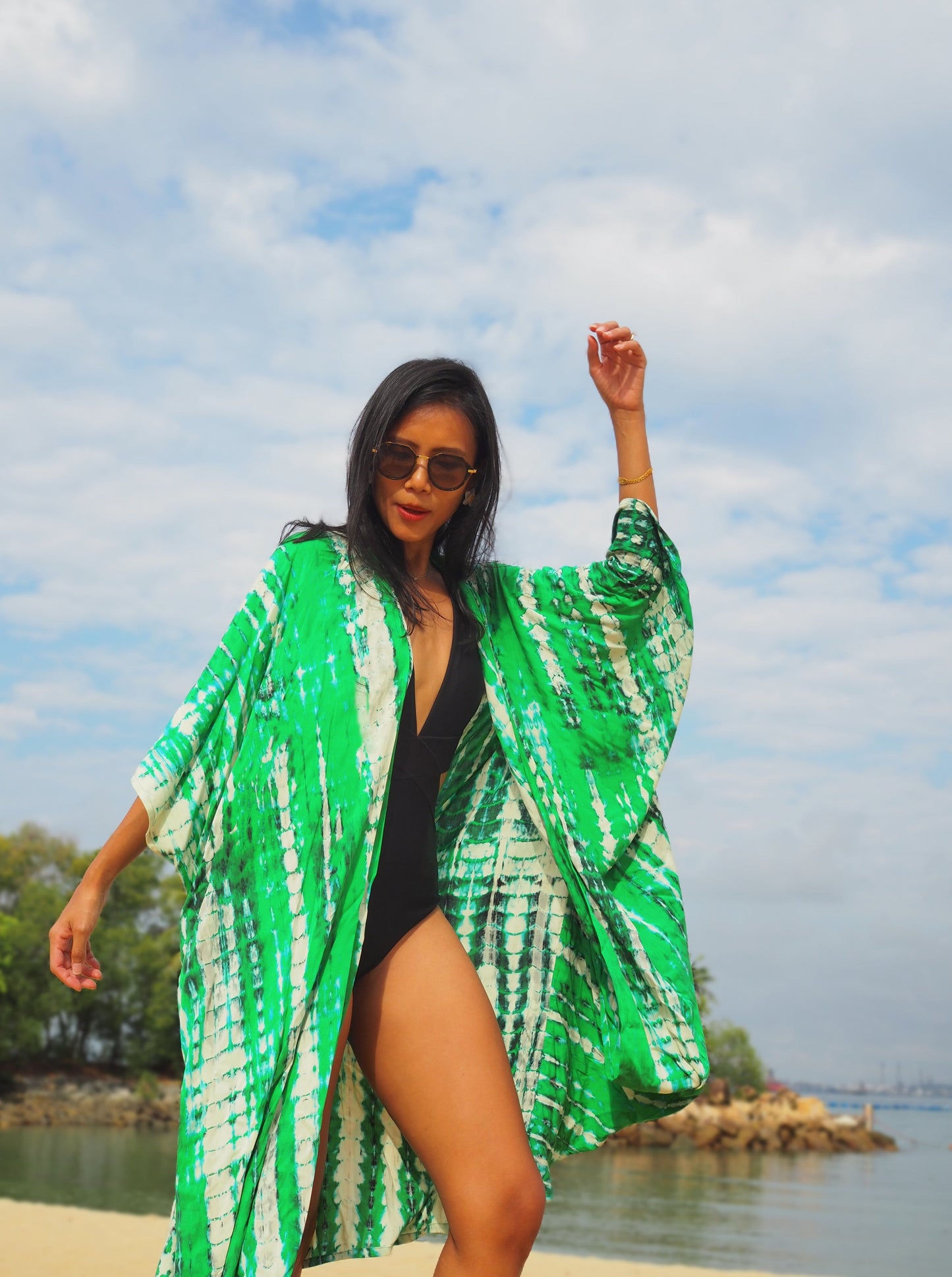 
                  
                    green kimono, resort wear, beach wear, bali, hand-dyed, tie-dye, baebeeboo, social conscious
                  
                