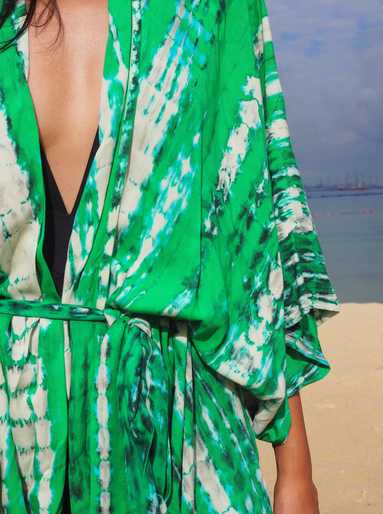 
                  
                    green kimono, resort wear, beach wear, bali, hand-dyed, tie-dye, baebeeboo, social conscious
                  
                