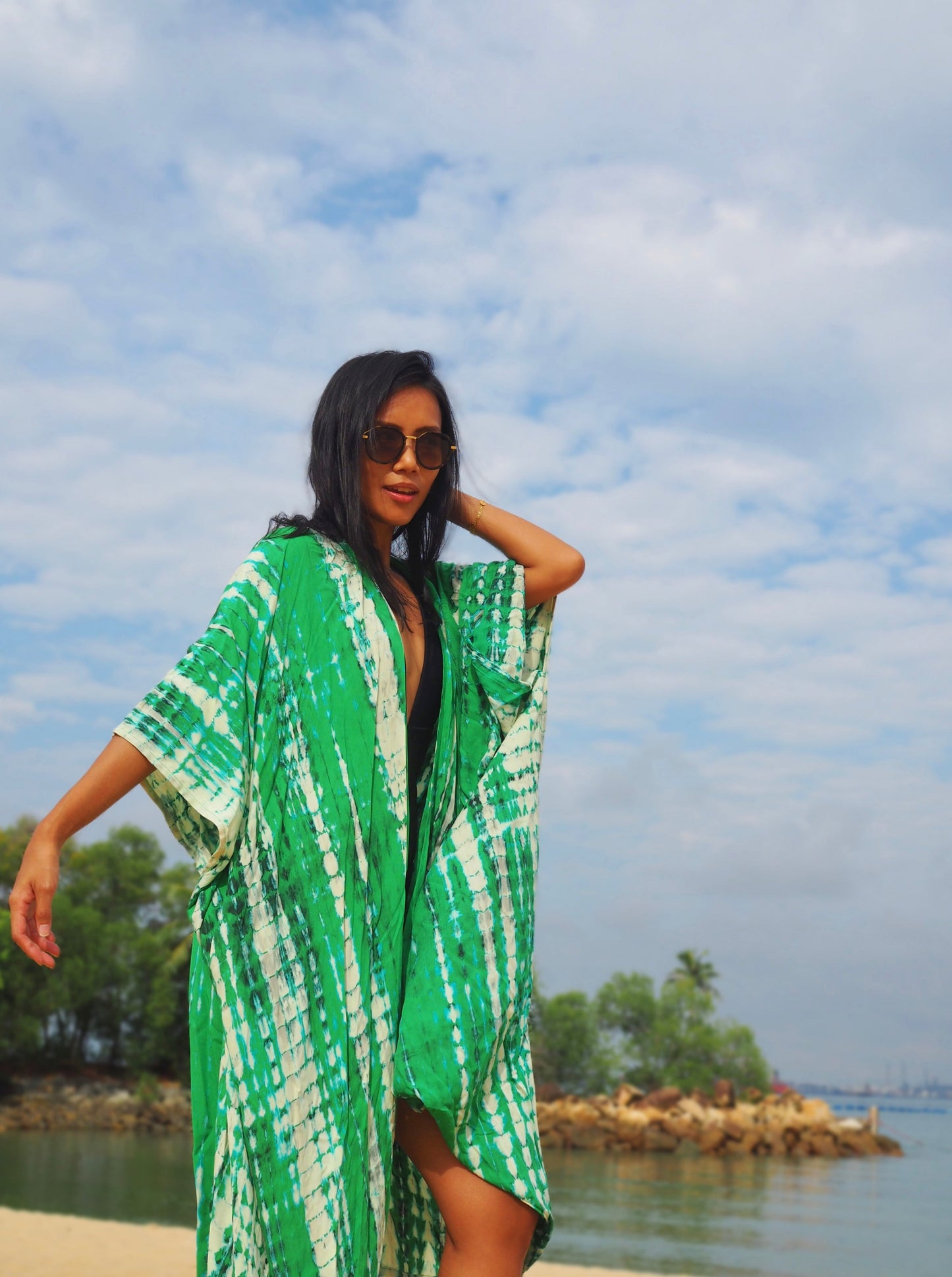 
                  
                    green kimono, resort wear, beach wear, bali, hand-dyed, tie-dye, baebeeboo, social conscious
                  
                