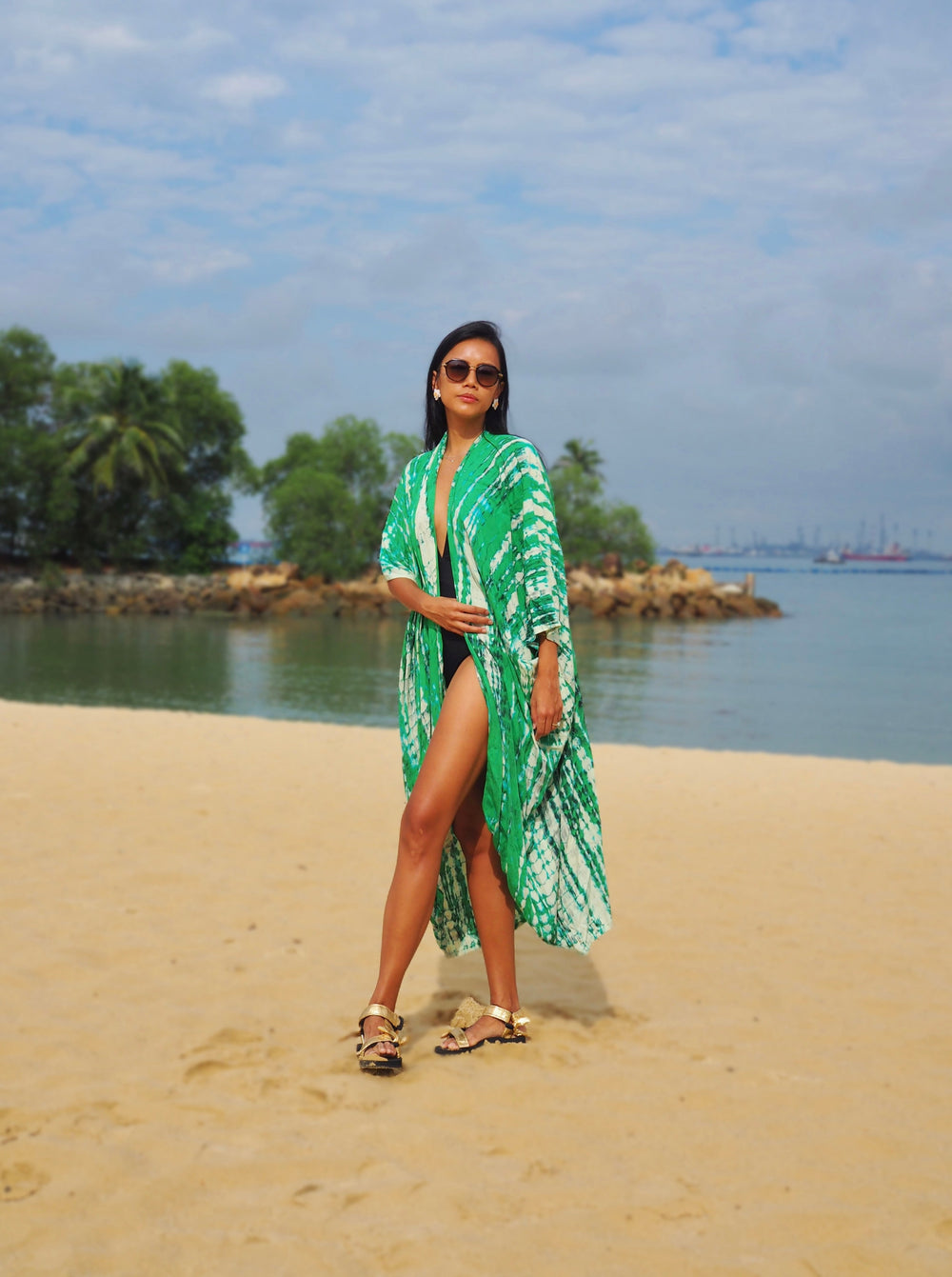 green kimono, resort wear, beach wear, bali, hand-dyed, tie-dye, baebeeboo, social conscious