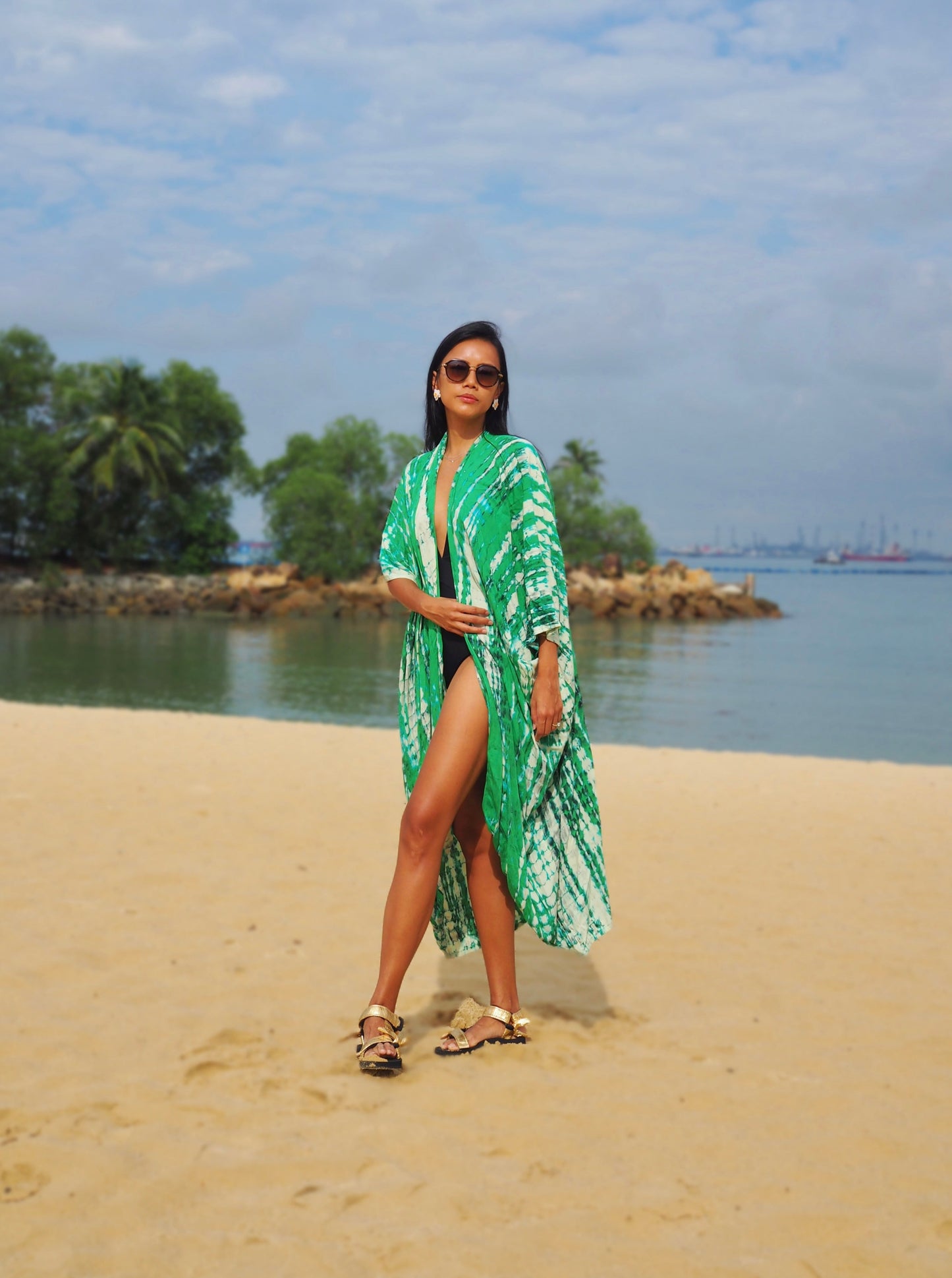 
                  
                    green kimono, resort wear, beach wear, bali, hand-dyed, tie-dye, baebeeboo, social conscious
                  
                