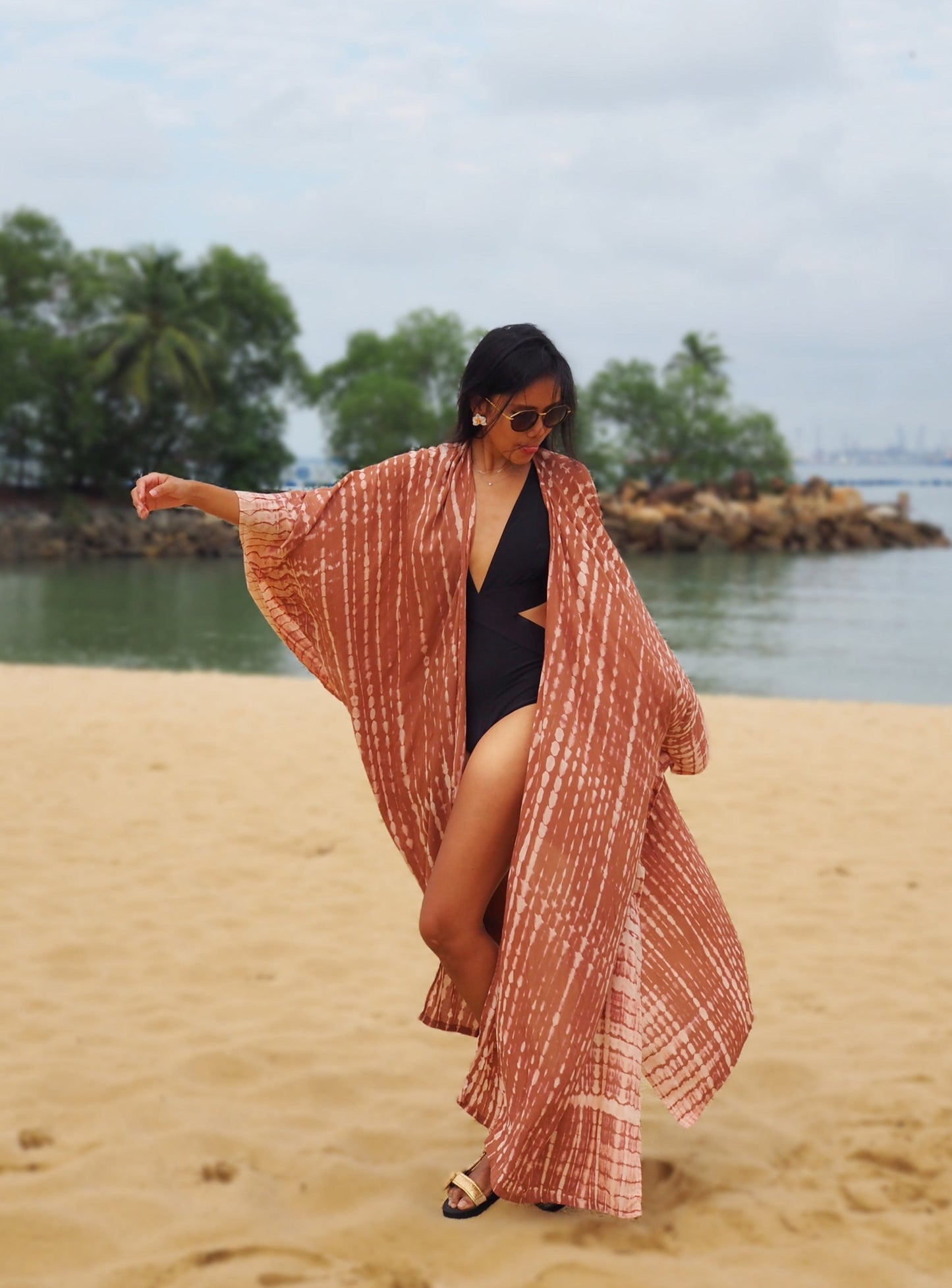 burnt orange, terracotta, kimono, beach wear, cover ups, resort wear, baebeeboo, social conscious, missing bali, tie dye
