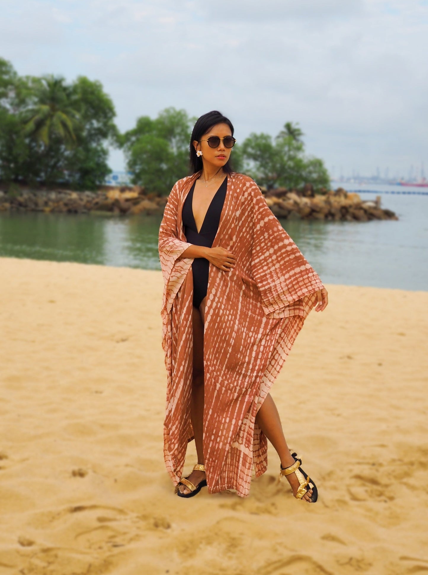 burnt orange, terracotta, kimono, beach wear, cover ups, resort wear, baebeeboo, social conscious, missing bali, tie dye