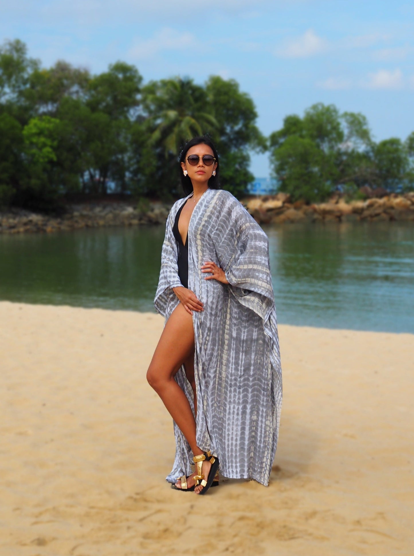 
                  
                    Canggu, Grey, Kimono, tie dye, long kimono, boho, beach cover up, resort wear, beach wear, baebeeboo, social conscious
                  
                
