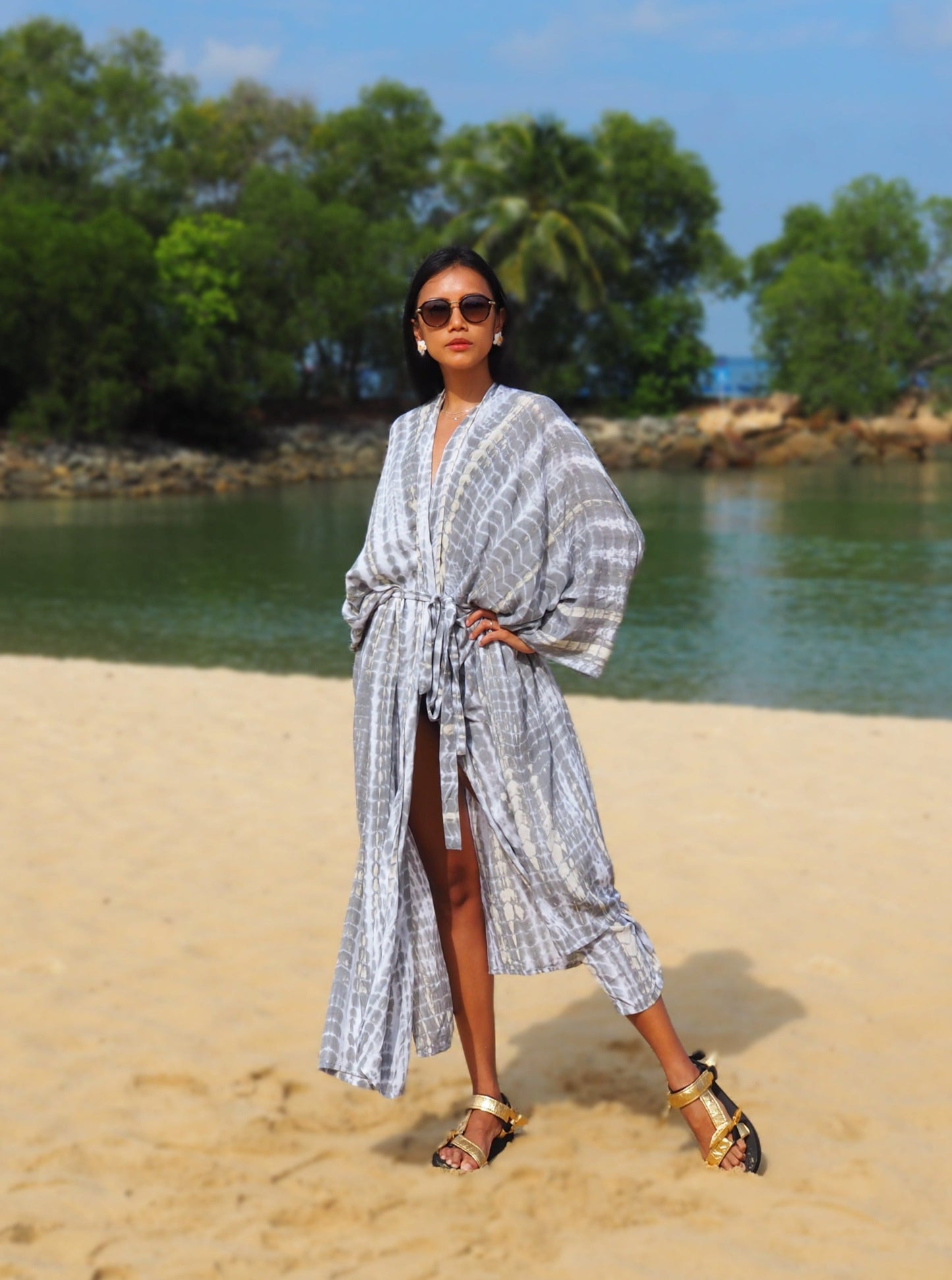 
                  
                    Canggu, Grey, Kimono, tie dye, long kimono, boho, beach cover up, resort wear, beach wear, baebeeboo, social conscious
                  
                