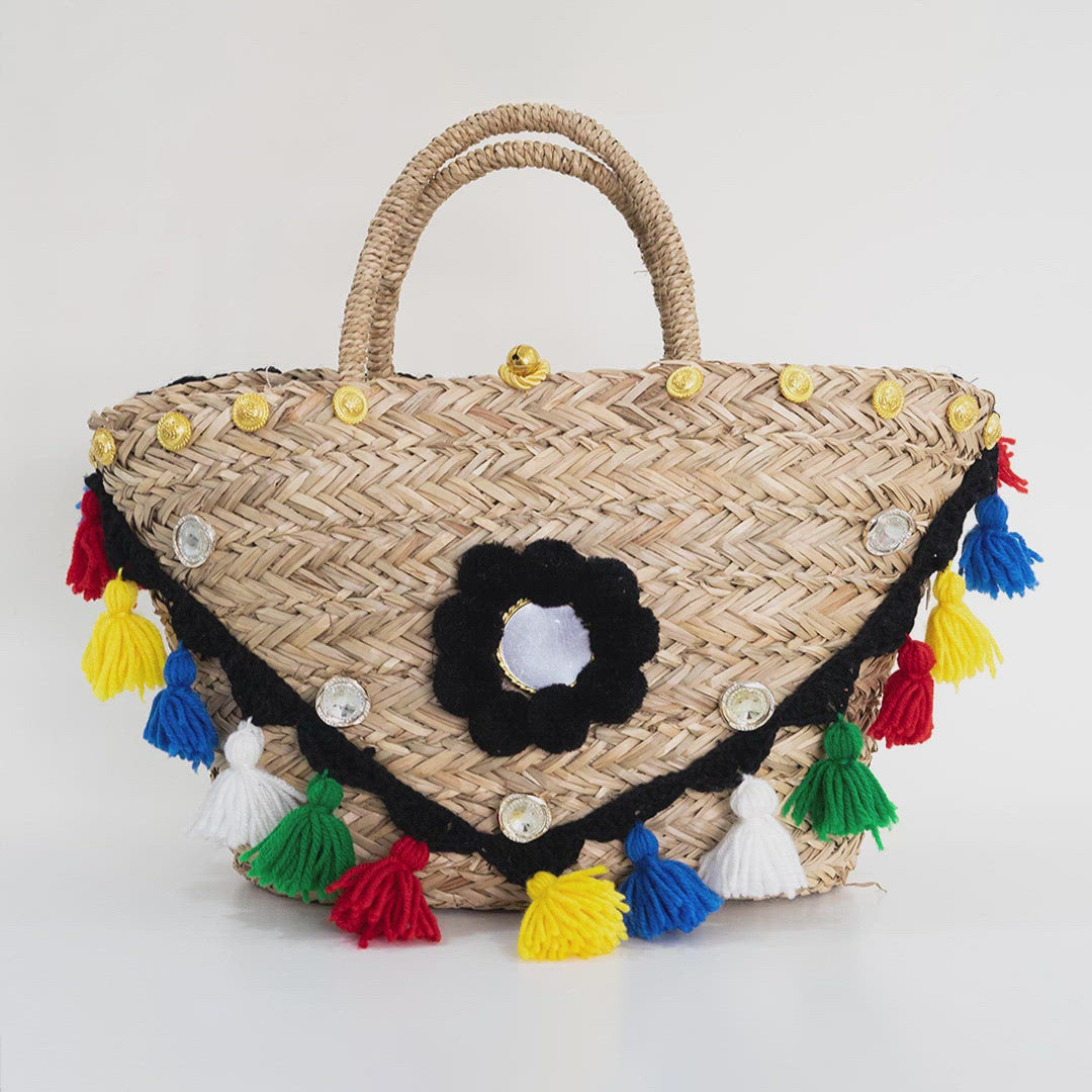 
                  
                    Load and play video in Gallery viewer, sadie tassel bag, rattan bag, beach bag, grocery bag, weekend bag, resort bag
                  
                