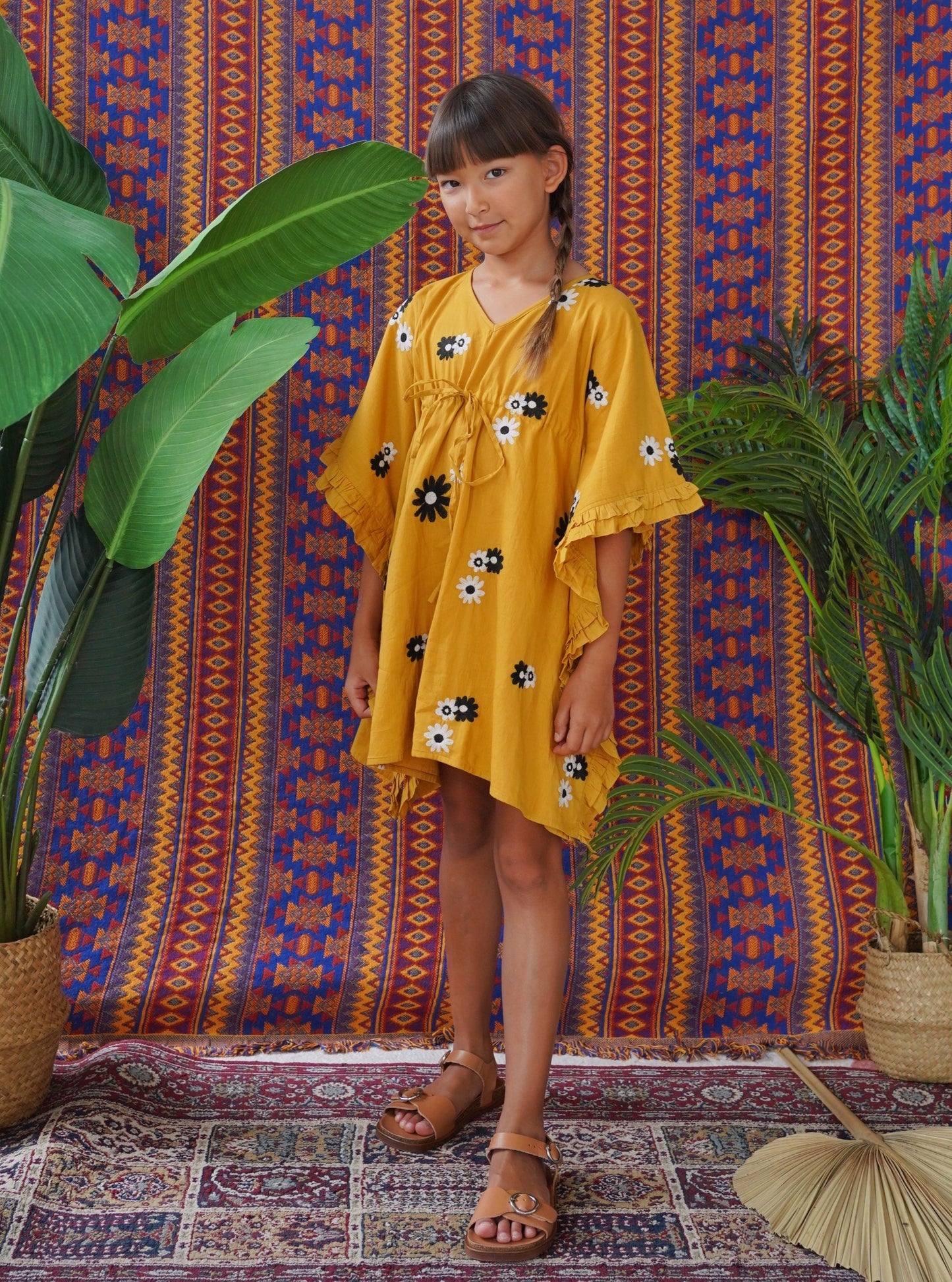 resort kids fashion, kids fashion, resort wear, kaftan, tunic, caftan, daisy boo, daisy, mustard, frills, give back