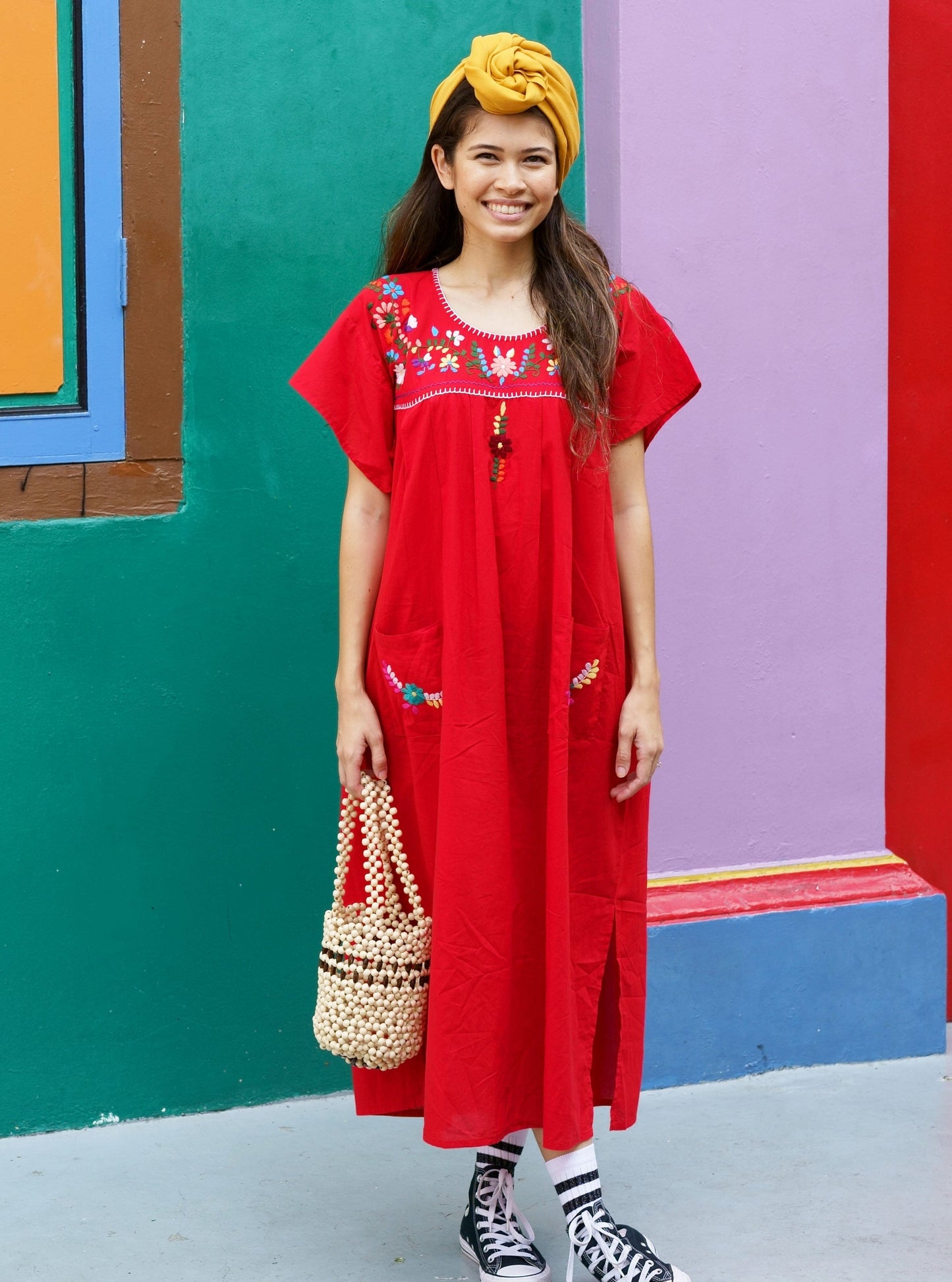 gabriela dress, Jamie-Lee, Kaftan, resort wear, mexican dress, red dress, adult fashion, embroidery, give back, made in india, hand sewn by women, beach dress, ethnic fashion, baebeeboo, shopbaebeeboo, twinning outfit, twinning set, mommy and daughter