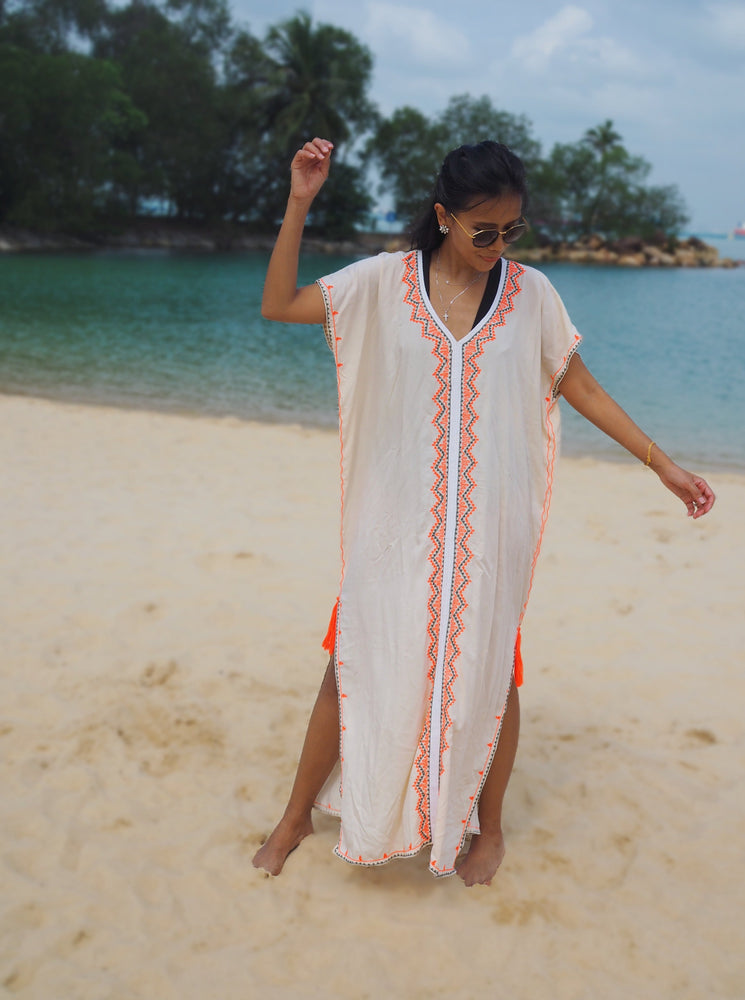 Bali, kaftan, tassel, cream, embroidery, beach wear, resort wear, shopbaebeeboo, baebeeboo