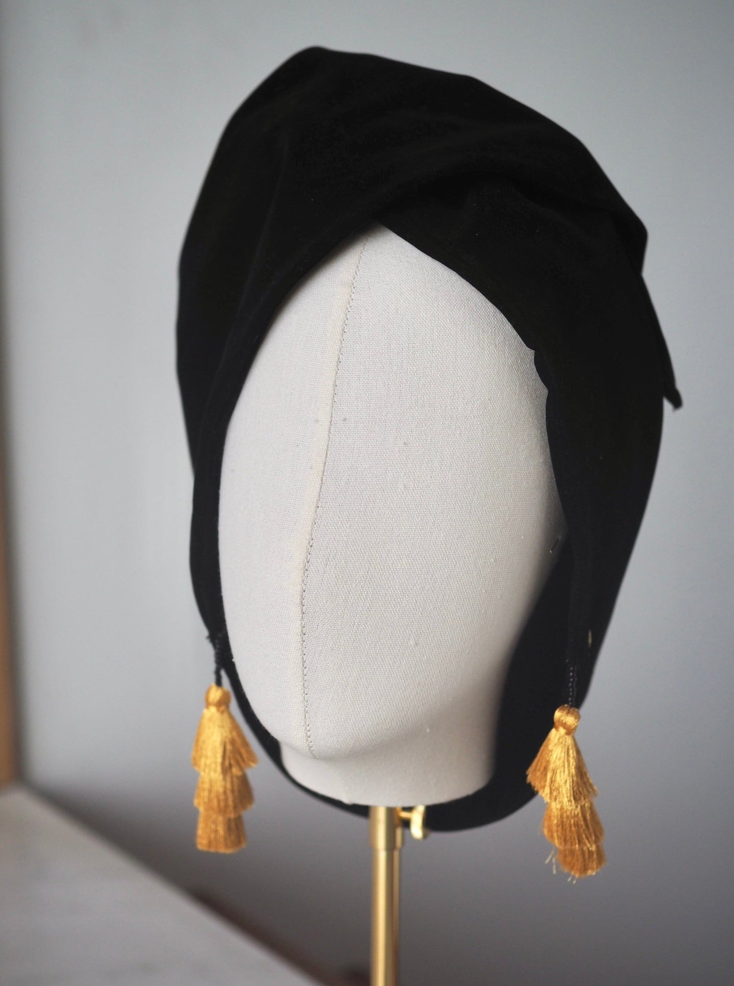 
                  
                    Turban, head wrap, velvet, tassels, handmade, baebeeboo
                  
                