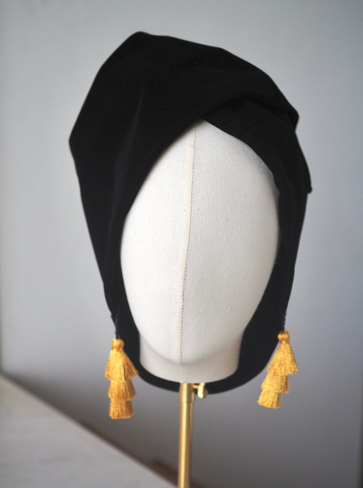 
                  
                    Turban, head wrap, velvet, tassels, handmade, baebeeboo
                  
                