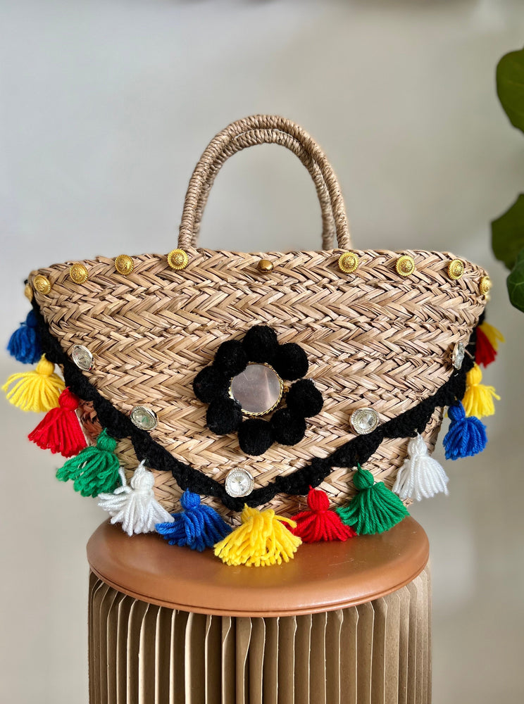 sadie tassel bag, rattan bag, beach bag, grocery bag, weekend bag, resort bag