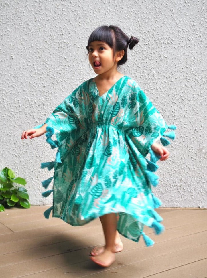 monstera, green, kaftan, kids, kids kaftan, tassels, boho, boho kids, tunic,