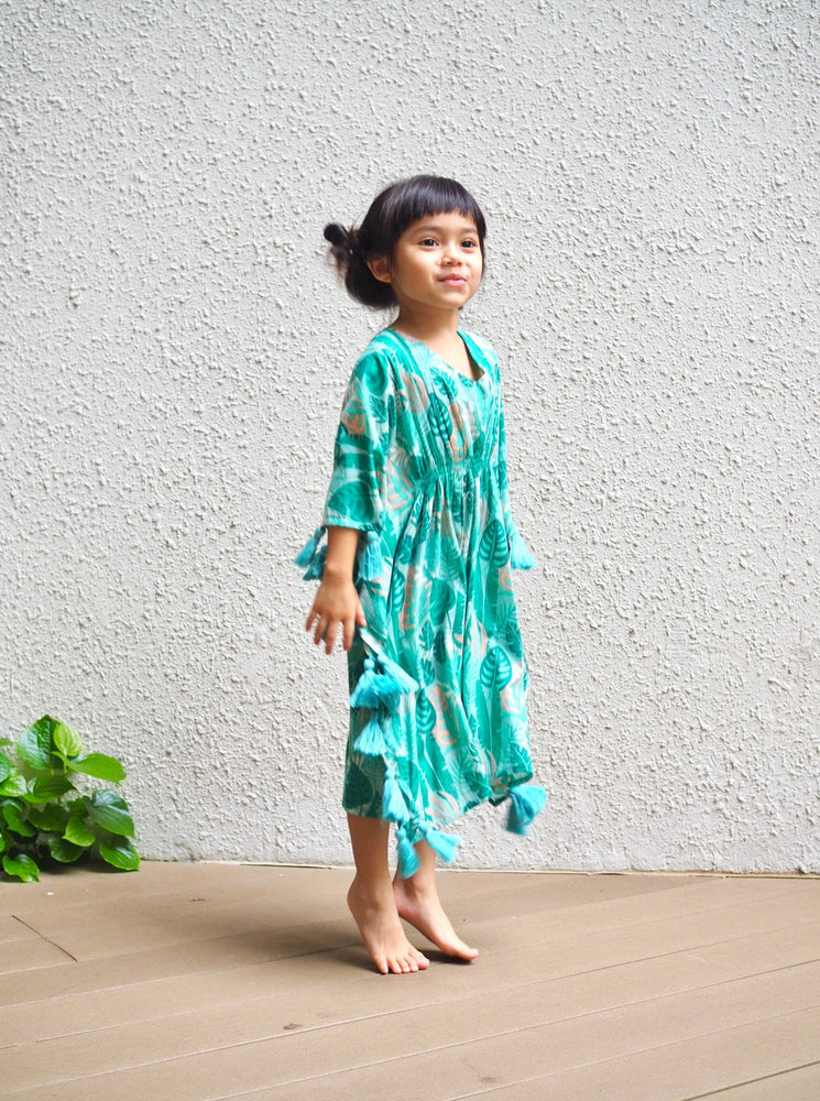 monstera, green, kaftan, kids, kids kaftan, tassels, boho, boho kids, tunic,